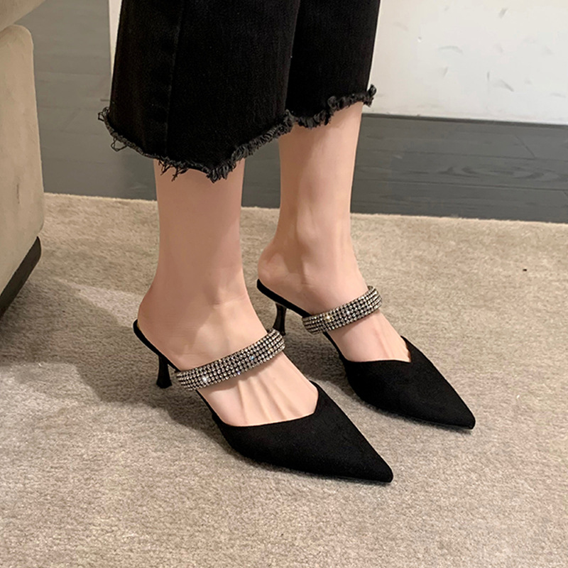 One word with rhinestone V mouth pointed toe high-heeled sandals black sexy Baotou half drag women’s shoes