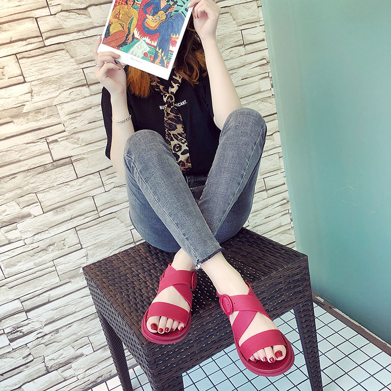 Summer new Korean version simple open toe flat bottom casual sandals women’s summer one word buckle versatile student women’s shoes