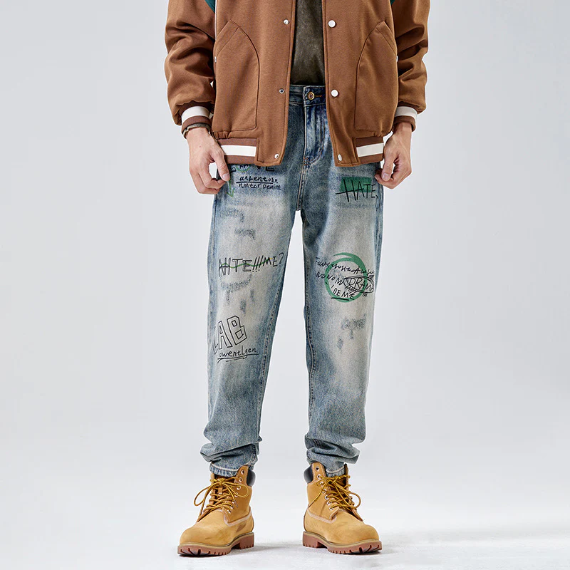 American Print Denim Casual Loose Straight Dad Trousers For Men